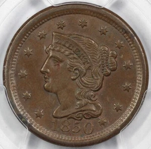 1850 1c Braided Hair Large Cent PCGS MS 63 BN - Picture 1 of 5