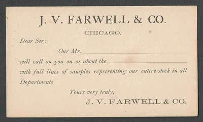 Ca 1886 PC CHICAGO IL J W FARWELL & CO SALESMANS CALLING CARD SEE INFO - Image 1 of 2