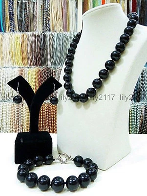 Genuino 14mm Negro Mar del Sur Concha Perla Redondo Collar Pulsera Conjunto Foto 1 de 4