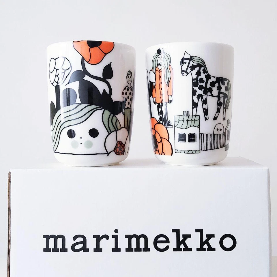 Juego de 2 tazas Marimekko Marikyla 180 ml vajilla blanca naranja de Japón Foto 1 de 4