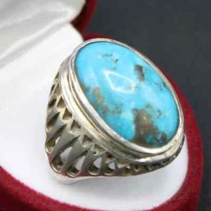 Natural Unheated and Untreated Oval Shape Neshapuri Turquoise Men Ring - Picture 1 of 9