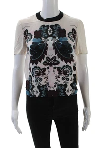 ALC Womens Short Sleeve Crew Neck Floral Silk Blouse White Multi Size 2 - Picture 1 of 6