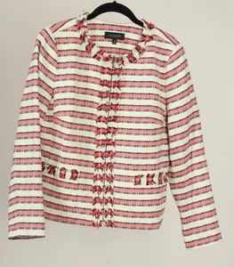 Talbots Blazer Women’s 10 Pink White Striped Tweed Fringe Lined Pockets Jacket - Picture 1 of 9