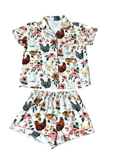 Conjunto de pijama pantalones cortos Top e inferior con estampado de pollo Farm Country Girl lindo L flores - Imagen 1 de 21