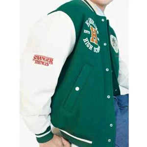 Letterman Stranger Things Hawkins Stadium Green and White Varsity Jacket - Picture 1 of 5