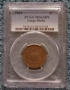 1864 Two Cents, PCGS MS-63 BN - with significant red lustre - Picture 1 of 4
