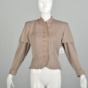 Small 1940s Taupe Twill Jacket with Faux Capelette Fitted Hourglass Tan Unique - Picture 1 of 10