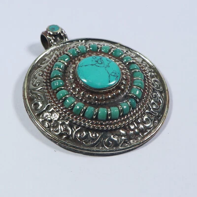 Colgante Turquesa Real Colgante de Plata Tibetana Hecho a Mano Buda Oración Joyería Foto 1 de 4
