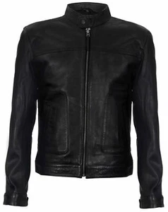 Chaqueta de cuello clásico de cuero genuino suave real negra ajustada para hombre - Imagen 1 de 5