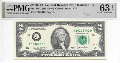 2003A Kansas City $2 FRN Harder to Find JD Block PMG 63 EPQ Choice Uncirculated - Image 1 of 4