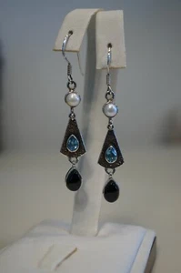 Pendientes de alambre francés de ónix de plata esterlina .925 - perla - topacio - Imagen 1 de 5