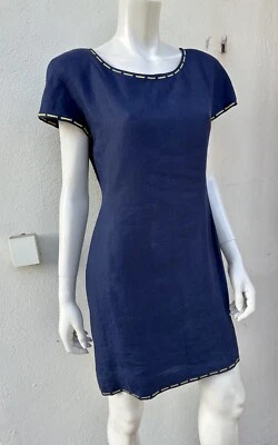 VALENTINO Vintage Mini Vestido Azul Dorado Lino Secretaría Oficina Años 90 Ta... - Imagen 1 de 4