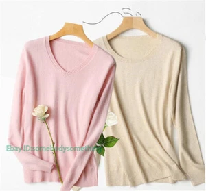 Women's V-neck Cashmere Blend Sweater Crewneck Knitted Sweaters Winter Warm Top - Picture 1 of 24