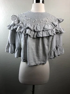 ZARA Basic Womens Small Gray Beaded Cropped Ruffle Top Blouse  - Picture 1 of 5