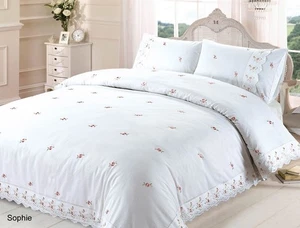 EMBROIDERED SHABBY CHIC DUVET QUILT COVER LACE TRIM BEDDING SET DOUBLE WHITE NEW - Picture 1 of 7