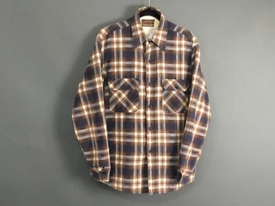 Vintage Sears Jacket Mens Large Blue Plaid Flannel Quilt Lined Perma-Prest 70s - Image 1 of 4