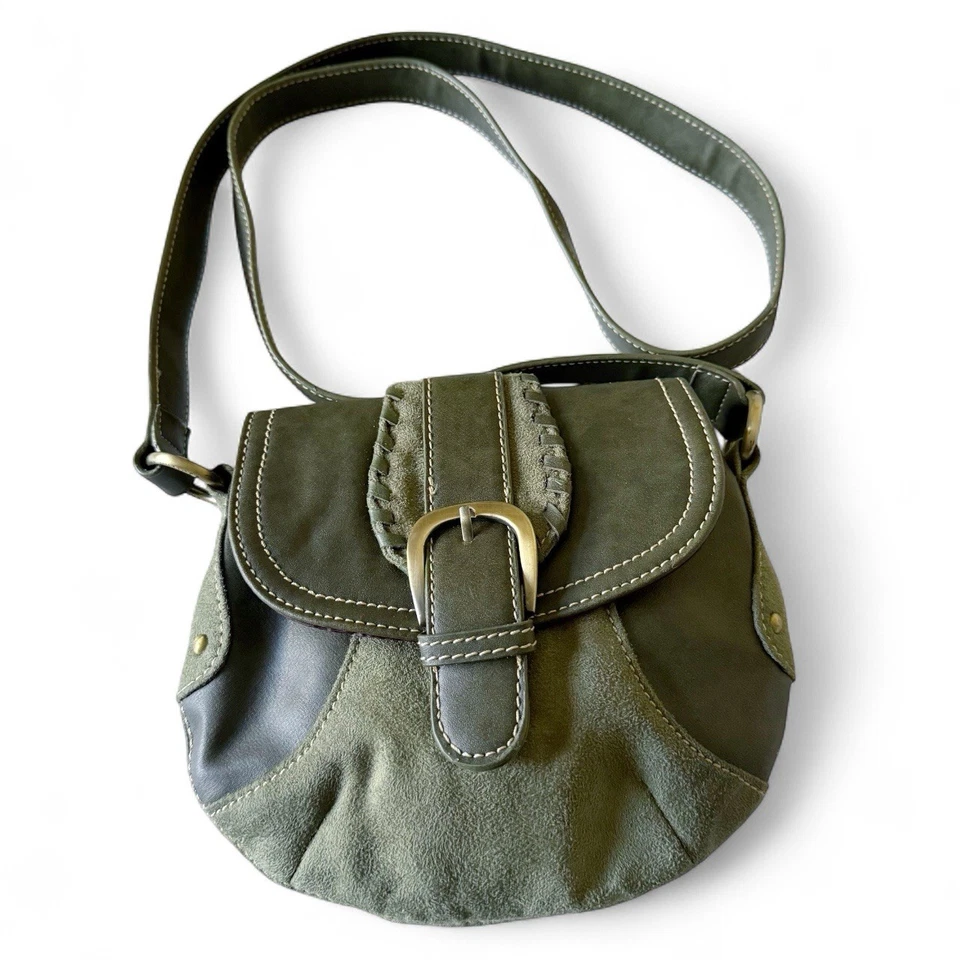 Vintage Y2K Olive Green Faux Suede Buckle Flap Shoulder Bag Crossbody Purse - Image 1 of 4