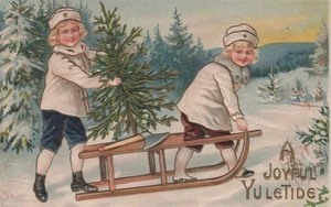 Weihnachten um 1910 - zwei Mädchen mit Weihnachtsbaum auf Platte - gebraucht/versandt - Bild 1 von 2
