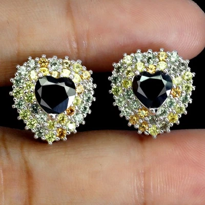 Orecchini In Argento Sterling 925 A Cuore Con Zaffiro Nero Gemma Di Zaffiro 6mm - Immagine 1 di 4