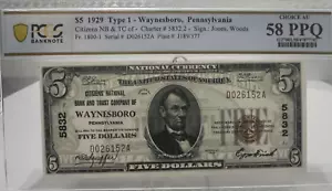 1929 Waynesboro PA 5 $ Citizens National Bank and Trust Company PCGS 58 PPQ - Bild 1 von 2