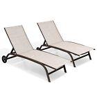 2pcs Aluminum Chaise Lounge Chairs With Wheels Outdoor Adjustable Recliner