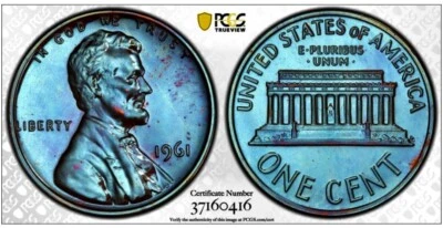 Centavo pequeño Lincoln Memorial 1961 1C a prueba graduación profesional Pr66bn Pop ~ 83 zafiro iridiscente Foto 1 de 4