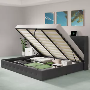 Lift Up King Size Storage Bed Frame Upholstered Platform w/ Wingback Headboard - Picture 1 of 6