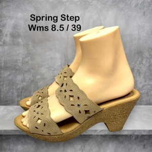 Spring Step Womens Tan Leather Floral Strap Slip On Platform Wedge Size 8.5/39 M - Picture 1 of 11