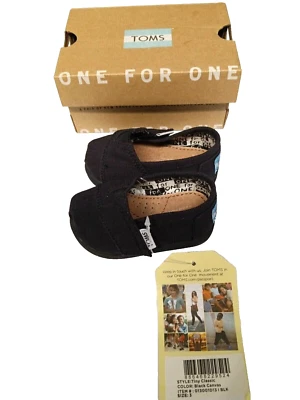 TOMS CLASSICS BLACK CANVAS ORIGINAL SO CUTE WITH STRAP INFANT TODDLER SIZE 3 New - Image 1 of 4
