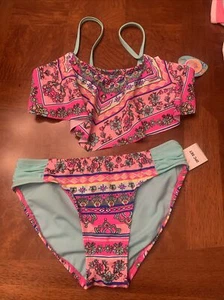 NWT-Girls Breaking Waves Multicolored 2-Piece Flounce Bikini Swimsuit-Size 12 - Picture 1 of 11