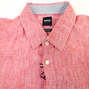 $128 Hugo Luka 2 Red Linen Short Sleeve Button Down Shirt Mens Size Large