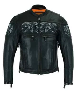 Premium Men's Black Motorcycle Racer Jacket Reflective Skulls On Back & Front - Image 1 of 4