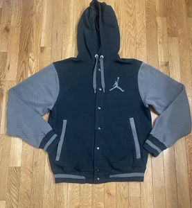 Nike M Air Jordan Varsity Jacket Black/Gray Snap Up Hoodie Sweatshirt Letterman  - Picture 1 of 9