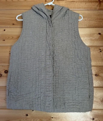 Eileen Fisher Petite Medium PM 100% Cotton Quilted Hooded Vest Button Front - Image 1 of 4