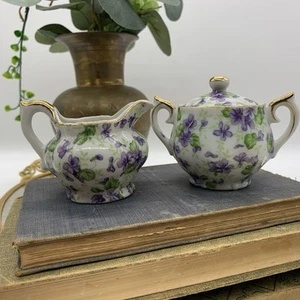 Vintage Lefton China Violet Chintz Cream & Covered Sugar Made in Japan w Label - Picture 1 of 9