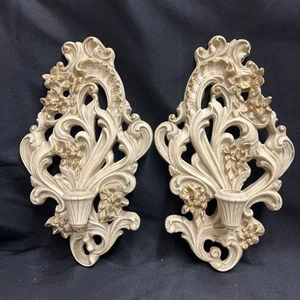Vintage verzierte Wandleuchter aus Kreidegeschirr Kegelkerze Hollywood Regency 13,5" × 7,75" - Bild 1 von 14