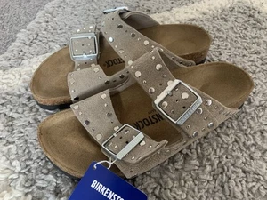 Women’s Birkenstock Taupe Arizona Rivet Suede Sandals UK 5 EU 38 BNIB - Picture 1 of 14