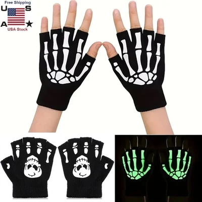 Unisex Negro Brilla en la Oscuridad Calavera Esqueleto Guantes Sin Dedos Disfraz de Halloween Foto 1 de 4
