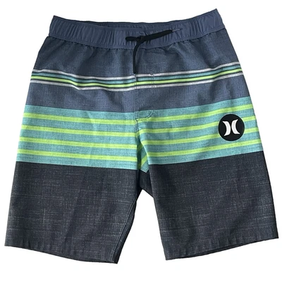 Hurley 男孩游泳板短裤 10/12 码蓝色绿色灰色条纹内衬 — 第 1/4 张图片