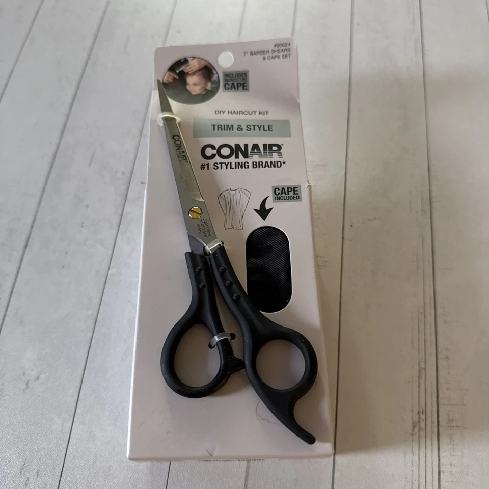 Набор для самостоятельной стрижки Conair Trim & Style 7 дюймов парикмахерские ножницы черная ручка + плащ - Изображение 1 из 3
