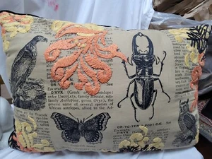 West Elm Patch NYC Needlepoint Pillow Birds Bugs Words bl or yell br zip 16x24 - Picture 1 of 9