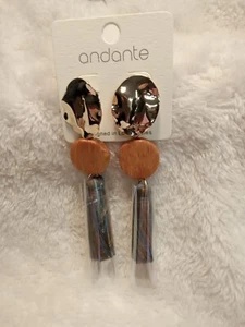 Andante Ohrringe Gold Holz rund mit marine/schwarz/braun Quaste mit Rücken Neu - Bild 1 von 5