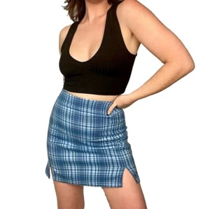 Brandy Melville Cara Blue Plaid High Waist Side Slits A-line Mini Skirt - Picture 1 of 19