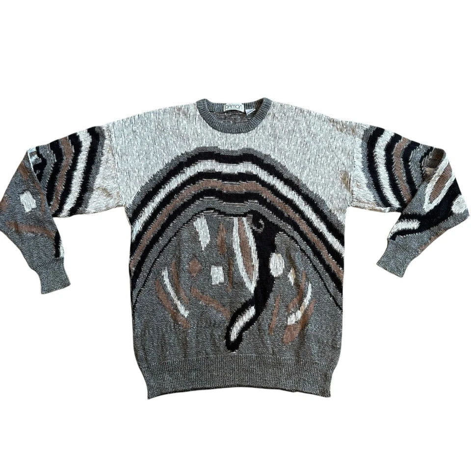 复古 90 年代毛衣抽象爷爷男式大码圆领针织套衫棉 — 第 1/4 张图片