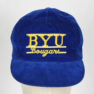 Vtg University Square Embroidered Gold BYU Cougars Blue Corduroy Snapback Hat - Picture 1 of 14
