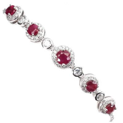 925 Sterling Silver Bracelet Round Ruby 5mm Gemstone Jewelry 7.5 Ins - Image 1 of 4