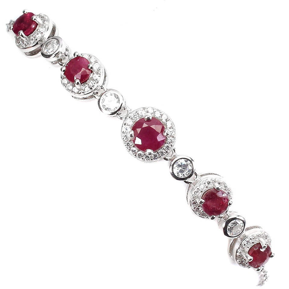 925 Sterling Silver Bracelet Round Ruby 5mm Gemstone Jewelry 7.5 Ins - Image 1 of 4