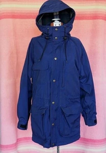 VTG 90s Eddie Bauer Blue Wool Blanket Lined Cargo Pocket Hood Parka Coat Sz S - Picture 1 of 10