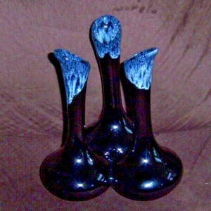 VAN BRIGGLE art pottery floral triple vase brown w/blue hues 6.75"H - Picture 1 of 2