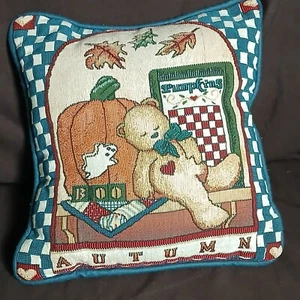 Autumn Fall Pumpkin Teddy Bear Pillow Portofino Decorative Tapestry 11.5" Square - Picture 1 of 7